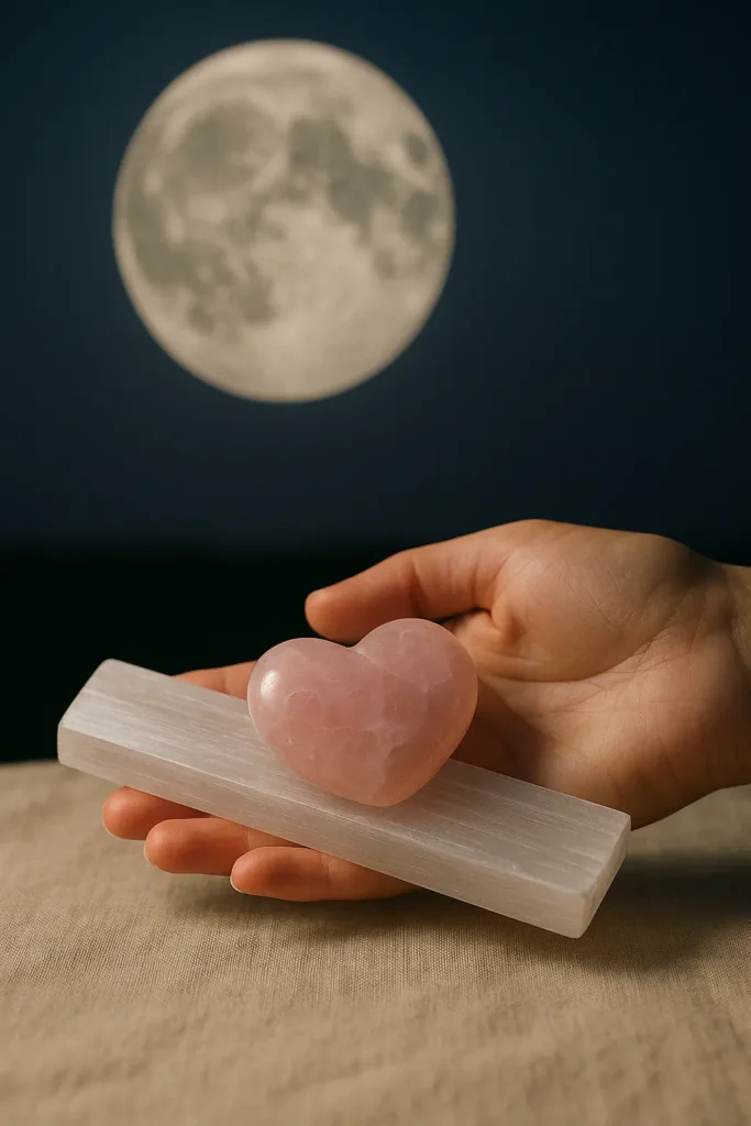 How to Cleanse Rose Quartz Crystal Crystal being cleansed with moonlight and selenite for energy renewal