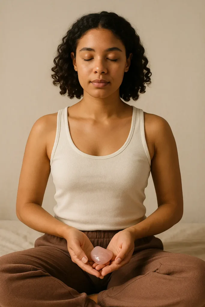Rose Quartz Meditation Practice Person meditating with a crystal for heart chakra healing and self-love