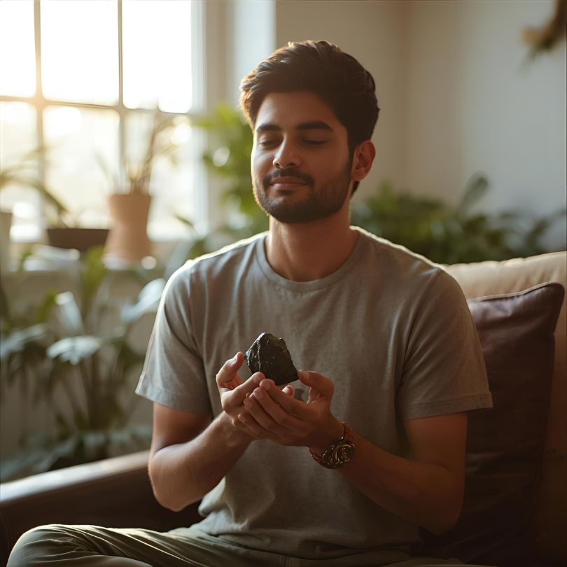 Person performing daily reset ritual holding black tourmaline crystal in both hands during peaceful meditation practice