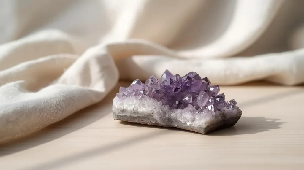 Amethyst crystal cluster for anxiety relief showing natural purple gradients on beige linen background in soft natural light.