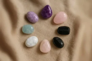 Best crystals for anxiety – amethyst, lepidolite, rose quartz, black tourmaline, blue lace agate, aquamarine, and howlite arranged in a calming circle on beige linen fabric