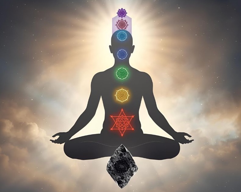 Chakra system diagram highlighting root chakra and earth star chakra with black tourmaline placement