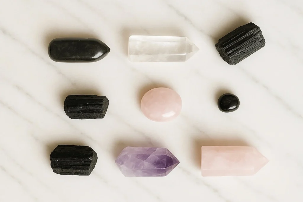 Crystal combination flat lay featuring black tourmaline with rose quartz, clear quartz, and amethyst on marble surface