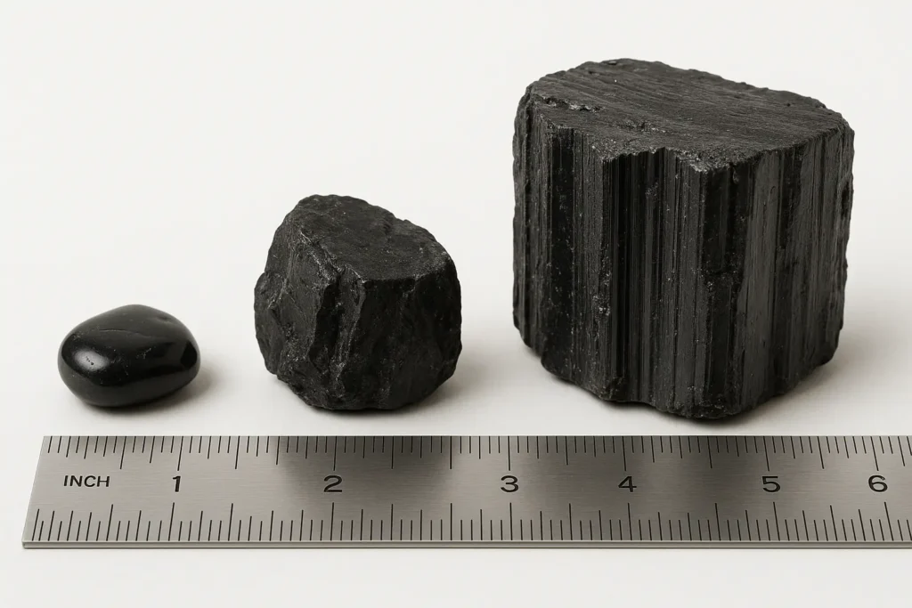Black tourmaline size comparison showing tumbled stone, medium specimen, and large raw crystal with measurement references