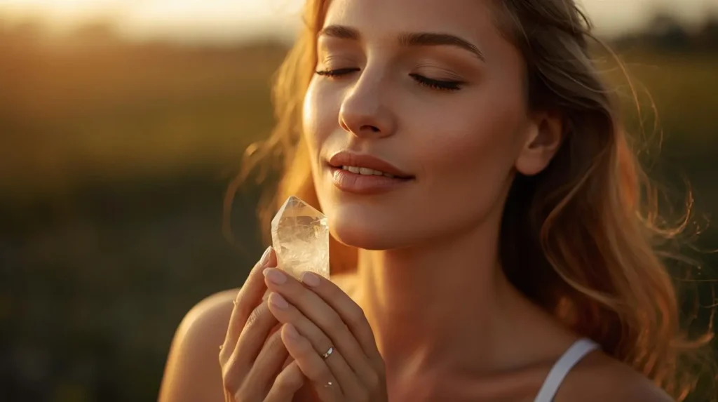 Woman holding cleansed clear quartz crystal with serene smile after crystal cleansing ritual