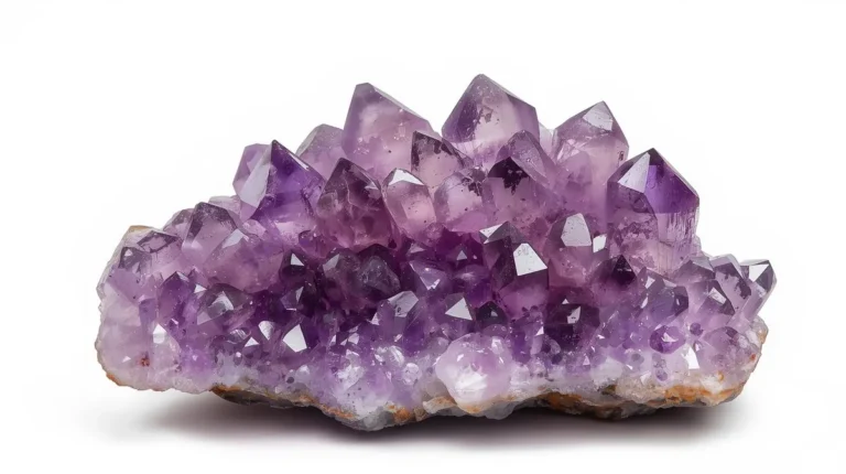 Raw amethyst crystal cluster with vibrant purple points symbolizing spiritual protection, healing properties, and meaning