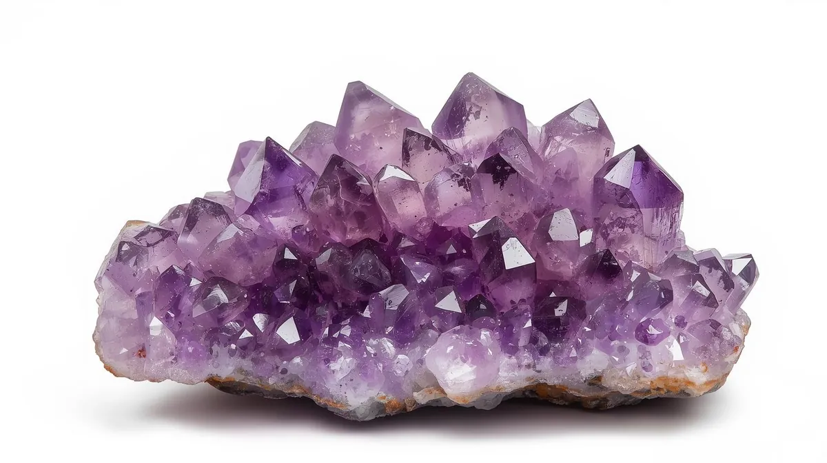 Raw amethyst crystal cluster with vibrant purple points symbolizing spiritual protection, healing properties, and meaning