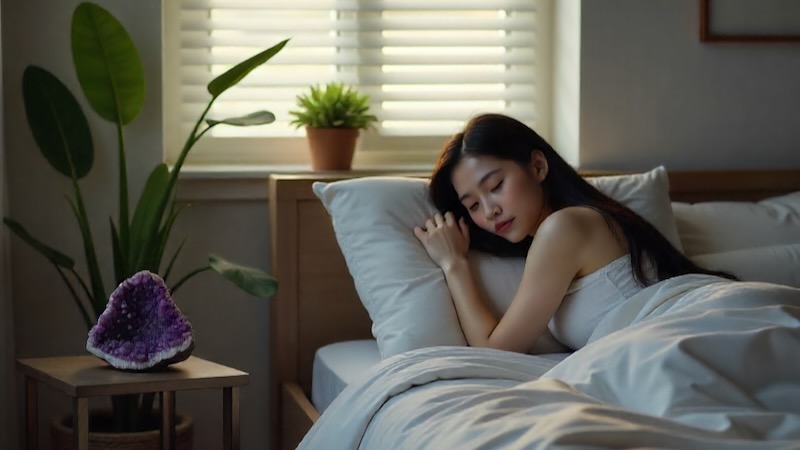 Amethyst crystal cluster on bedside table creating peaceful sleep environment