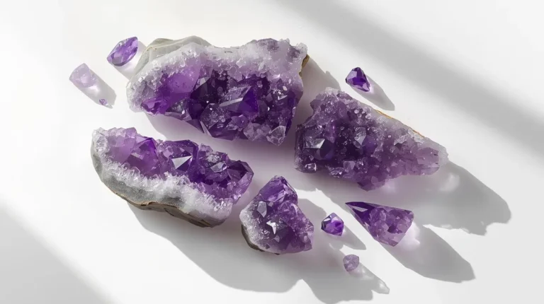 Broken amethyst crystal showing clean break on white background