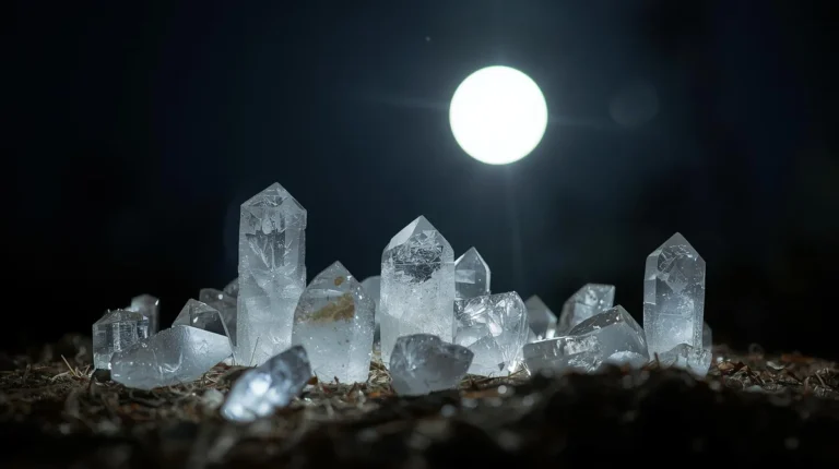 Crystals charging under moonlight with glowing energy and night sky