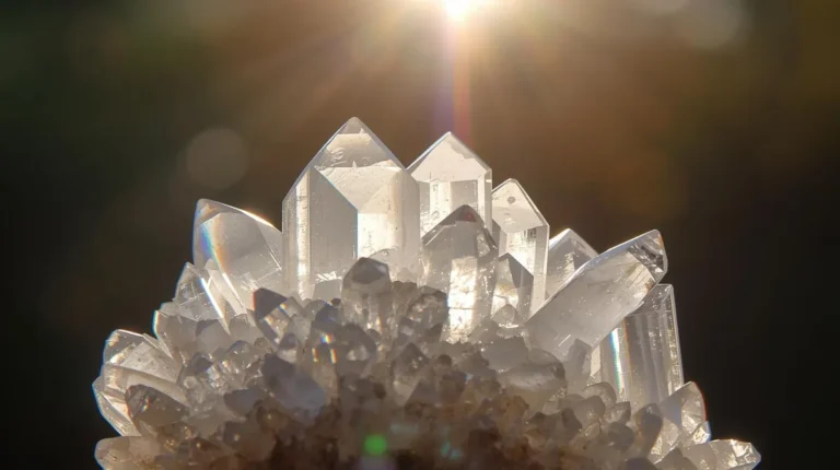 Clear quartz cluster in sunlight showing natural rainbow prisms – clear quartz meaning and benefits healing crystal