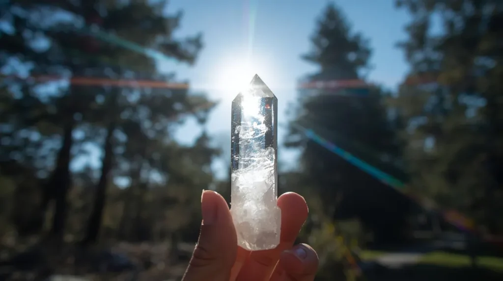 Clear quartz crystal held up to sunlight symbolizing clarity and transformation