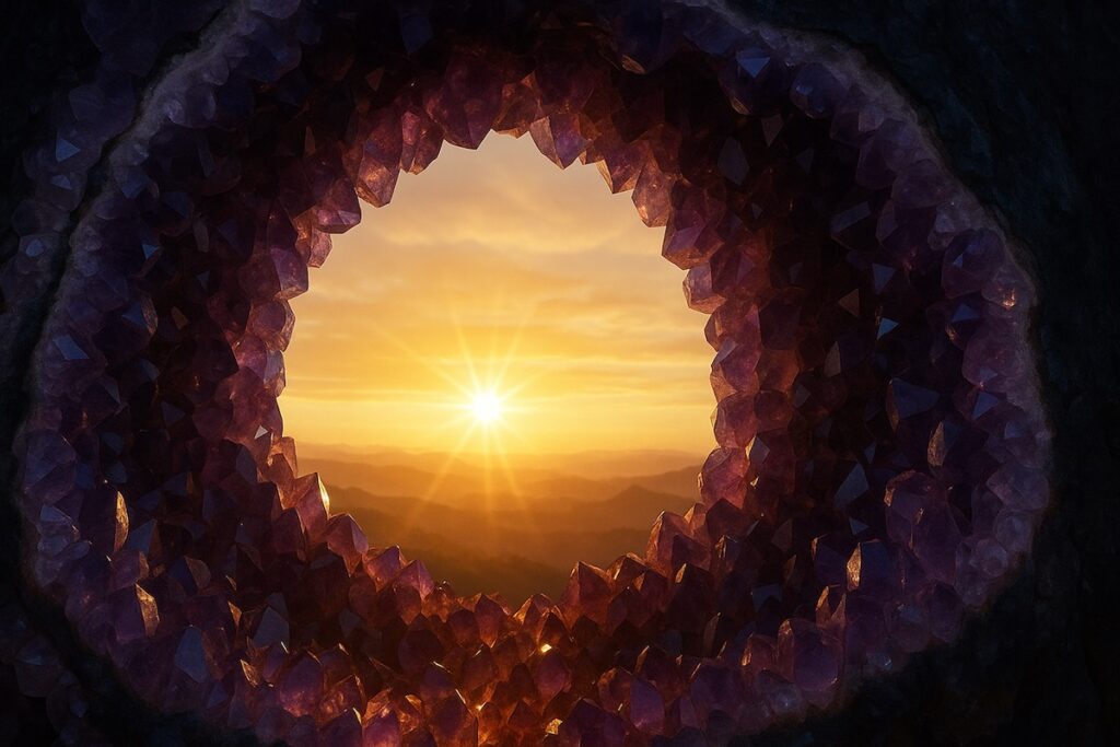 Inspiring sunrise over natural crystal formations representing new beginnings in crystal healing journey