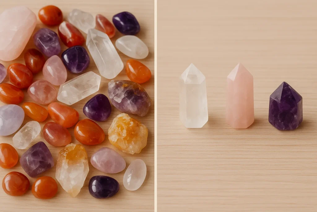Comparison image showing overwhelming large crystal collection versus simple, peaceful beginner crystal setup