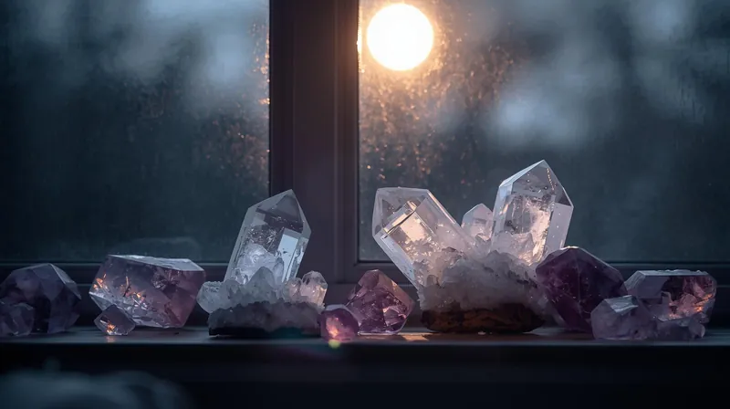 crystals placed on a windowsill to charge under moonlight.