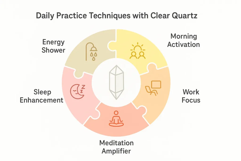 Infographic showing five daily practice techniques with clear quartz: morning activation, work focus, meditation amplifier, sleep enhancement, and energy shower.