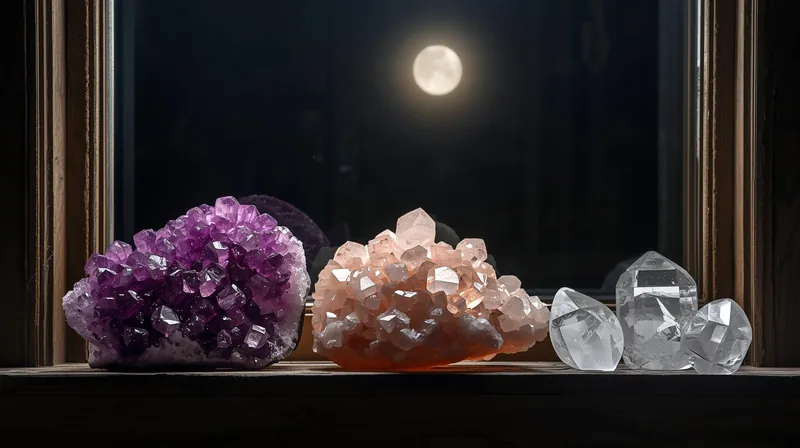 Crystal cleansing with moonlight - various crystals on windowsill under full moon