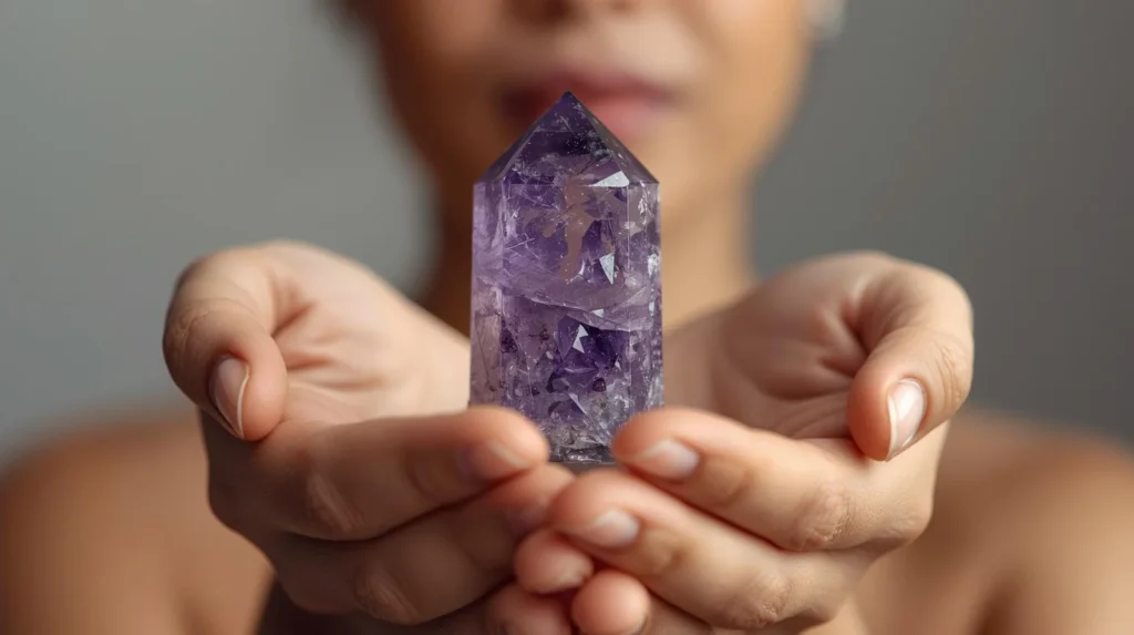 Hands holding a natural amethyst point — notice the color variations and natural inclusions that reveal it’s genuine.