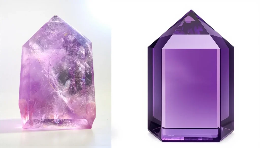 Real vs fake amethyst side by side – natural amethyst with color variations and inclusions compared to fake glass amethyst with uniform color.