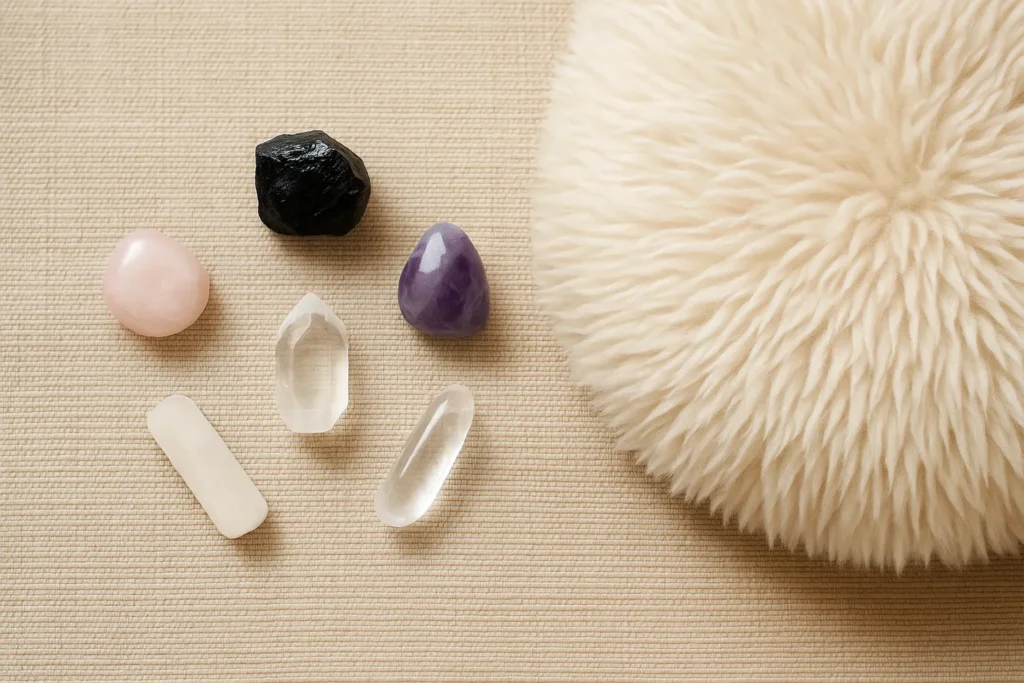 Flat lay of five polished meditation crystals – clear quartz, amethyst, black tourmaline, rose quartz, and selenite – arranged in a circle around a meditation cushion.