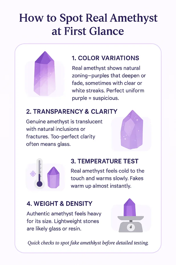 Quick checks to identify real amethyst — look at color zoning, natural inclusions, cool temperature, and substantial weight.