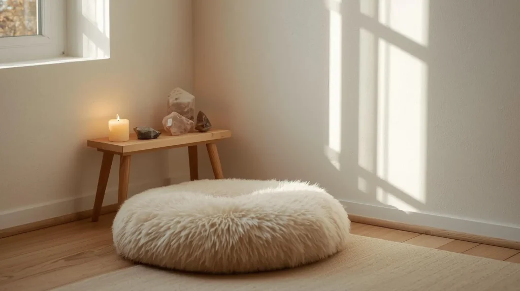 Cozy meditation corner with floor cushion, wooden shelf holding crystals, candle, and soft natural light from window.