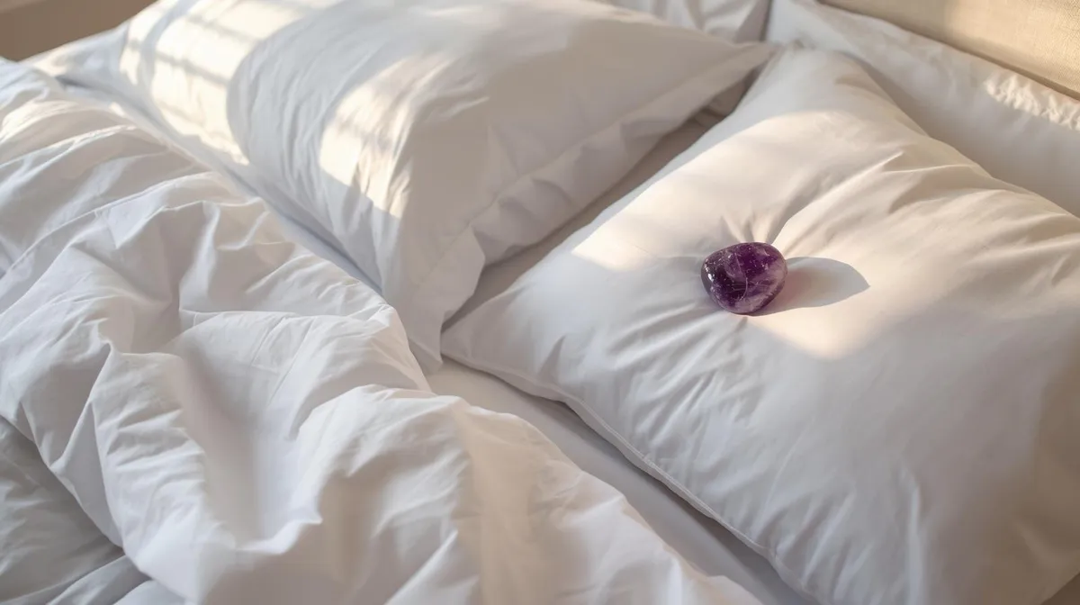 Polished amethyst crystal on a white pillow in a serene bedroom, symbolizing sleeping with crystals under pillow for calm and restful sleep.