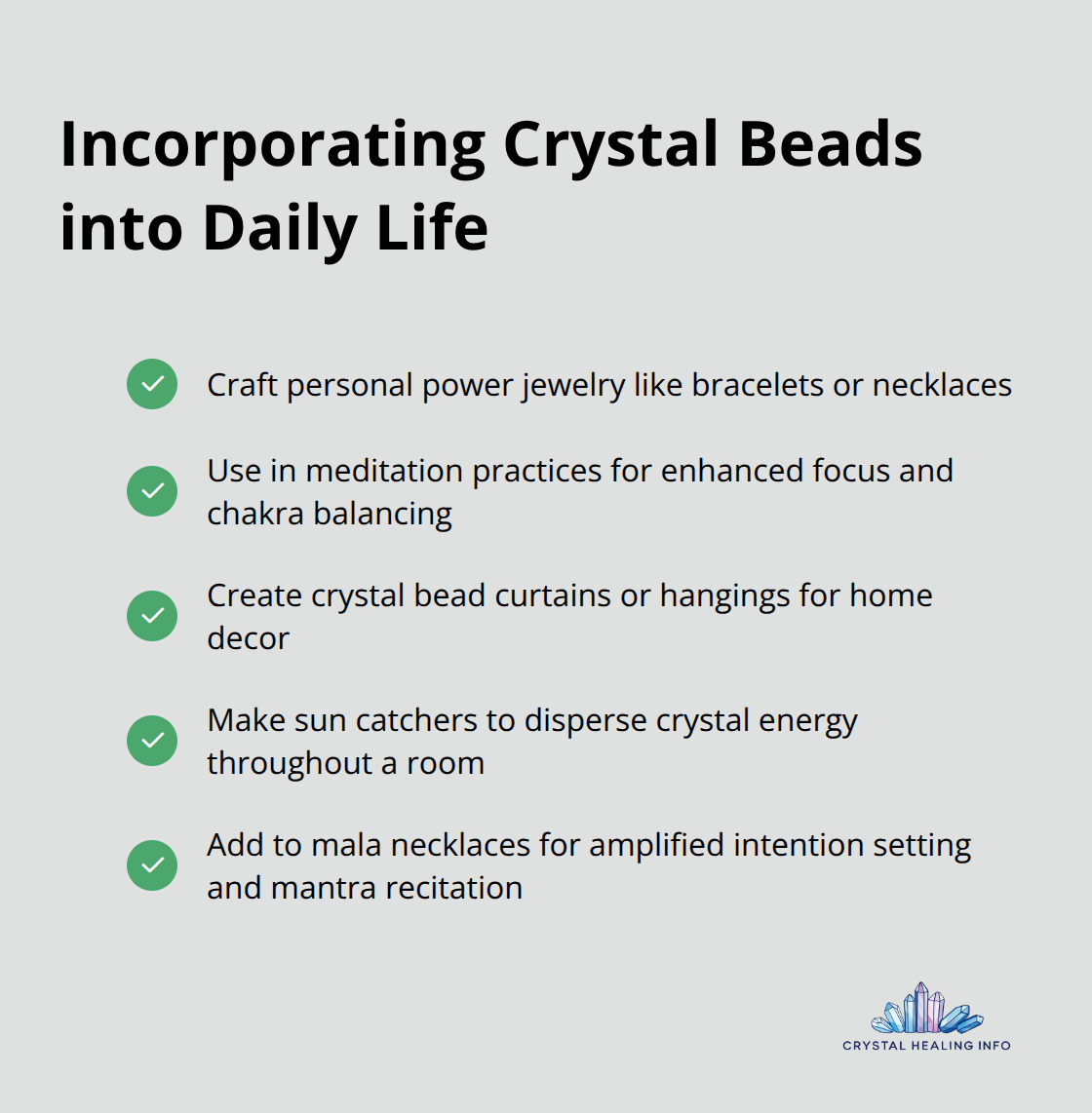 A checklist of ways to use crystal beads in everyday routines, including jewelry, meditation, home decor, and spiritual practices - crystal beads and their meanings
