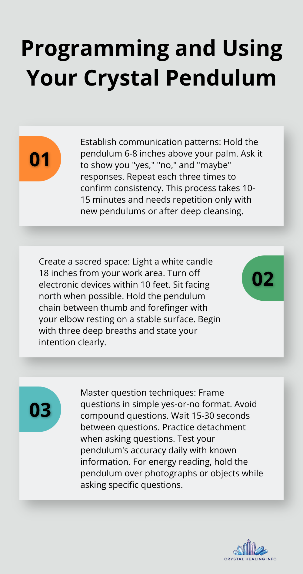 An ordered list chart showing three key steps for programming and using a crystal pendulum: Establish communication patterns, create a sacred space, and master question techniques. - crystal pendulum meanings