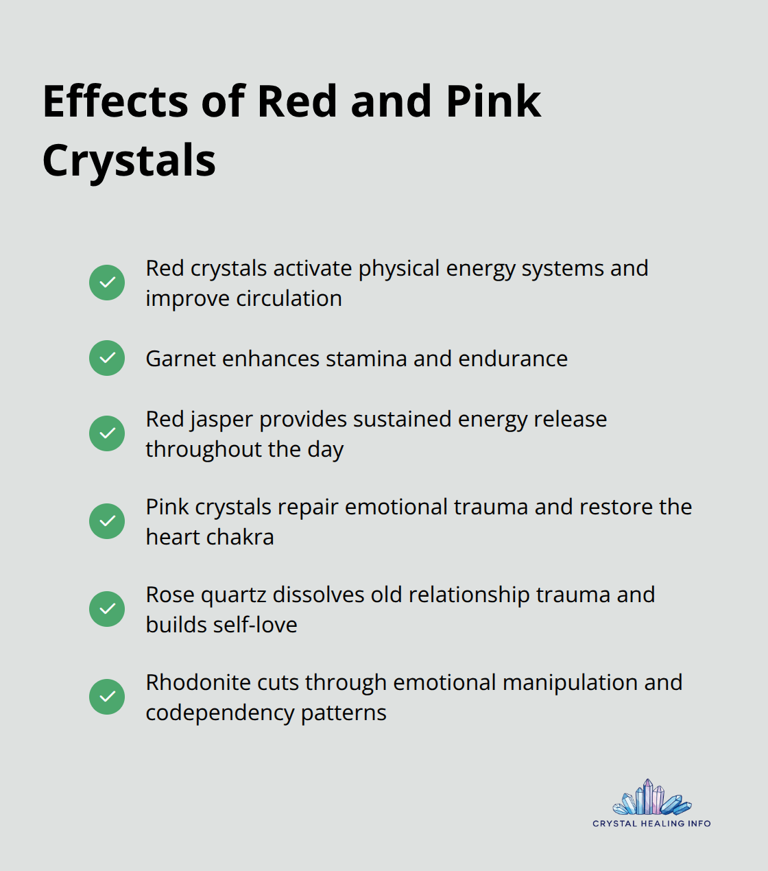 A checkmark list showing the effects of red and pink crystals on physical and emotional healing - different color crystal meanings